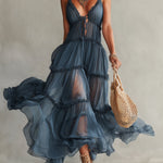 Blue Chiffon Tie Strap Maxi Dress