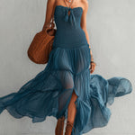 Blue Elastic Chiffon Off Shoulder Maxi Dress