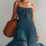Blue Elastic Chiffon Off Shoulder Maxi Dress