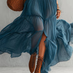 Blue Elastic Chiffon Off Shoulder Maxi Dress