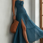 Blue Elastic Chiffon Off Shoulder Maxi Dress