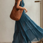Blue Elastic Chiffon Off Shoulder Maxi Dress