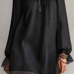 Black Rhinestone Trim Square Neck Lace Cuff Mini Dress