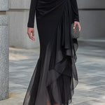 Black Draped Off Shoulder Cowl Neck Long Sleeve Chiffon Ruffle Mermaid Maxi Dress
