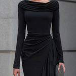 Black Draped Off Shoulder Cowl Neck Long Sleeve Chiffon Ruffle Mermaid Maxi Dress