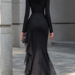 Black Draped Off Shoulder Cowl Neck Long Sleeve Chiffon Ruffle Mermaid Maxi Dress