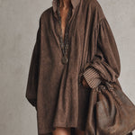 Vintage Brown Faux Suede Striped Shirt Collar Oversized Mini Dress
