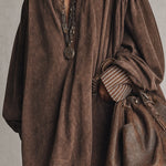 Vintage Brown Faux Suede Striped Shirt Collar Oversized Mini Dress