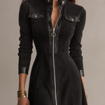Vintage Black Stand Collar Leather Patchwork Zip-Up Midi Dress