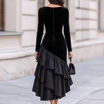 Black Velvet Satin Asymmetrical Ruffle High Low Midi Dress
