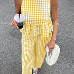French Style Plaid Ruffled Hem Top and Pants Set