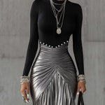 24-Hour-Shipping Black Round Neck Metallic Silver Pleated Maxi Dress