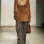 Retro Faux Suede Shirt And Vertical Striped Trousers Set