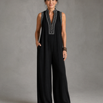 Velmira | Embroidered V Neck Sleeveless Wide Leg Jumpsuit