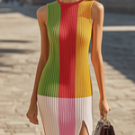 24-Hour-Shipping Colorful Block Stitching Sleeveless Midi Knit Dress