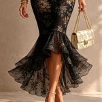 Black Romantic Floral Midi Mermaid Dress with Lace Trim