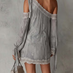 Light Gray Paisley Print Chiffon One Shoulder Lace Trim Mini Dress