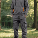 KZZ Men's Fall & Winter Hooded Casual Tracksuit Set: featuring a zip-front hooded design, cargo pants with multiple pockets