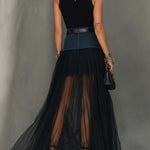 Black Denim Patchwork T-Shirt And Mesh Maxi Skirt Set With Side Slit