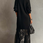 24-Hour-Shipping Black Loose Fit Mohair Knit Midi Dress With Lace Hem