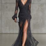 Black Lace Ruched Sheer Long Sleeve Slit Maxi Dress