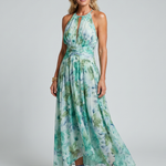 Portia | Pleated Halter Soft Floral Pattern Midi Dress