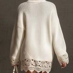 24-Hour-Shipping White Turtleneck Knit Mini Dress With Lace Trim