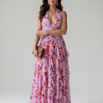Nori | Halter Neck Ruched Bodice Floral Maxi Dress
