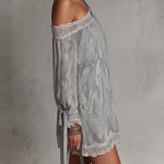 Light Gray Paisley Print Chiffon One Shoulder Lace Trim Mini Dress