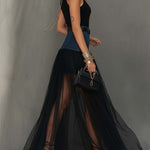 Black Denim Patchwork T-Shirt And Mesh Maxi Skirt Set With Side Slit