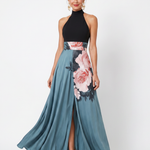 Olympas | Halter Bodice Floral Skirt Maxi Dress
