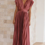 Elegant Satin Pleated V-neck Flowing Midi Dress
