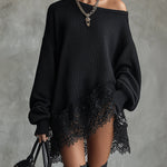 24-Hour-Shipping Black Oversized Mini Dress With Lace Hem
