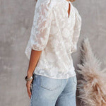 Zeagoo Five Quarter Sleeves Puff Sleeves Round Neck Top Chiffon Loose Flower Texture Casual Shirt