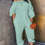 Zeagoo Women's Casual Solid Cold Shoulder Long Sleeve Jumpsuit Loong Plus Size Pocket Rompers Overlay Suit