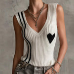 White Ribbed Knit Sleeveless Heart Pattern V-Neck Vest