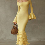 Yellow Off Shoulder Fringe Lightweight Knit Bodycon Dress