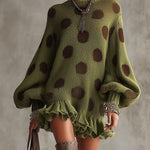 24-Hour-Shipping Green Polka Dot Oversized Knit Sweater Dress With Ruffled Hem