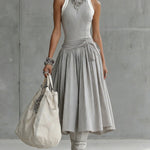 Gray Ribbed Tank Bodice Draped Midi Dress