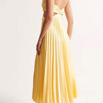 V Neck Cut Out Waist Sleeveless Pleated Maxi Dress