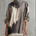 Gray Leopard Print Turtleneck Fringe Hem Faux Suede  Dress