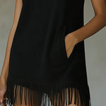 24-Hour-Shipping Olive Green Sleeveless Knit Mini Dress With Fringe Hem