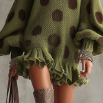 24-Hour-Shipping Green Polka Dot Oversized Knit Sweater Dress With Ruffled Hem