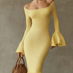 Yellow Off Shoulder Fringe Lightweight Knit Bodycon Dress