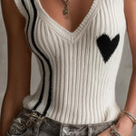 White Ribbed Knit Sleeveless Heart Pattern V-Neck Vest