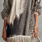 Gray Leopard Print Turtleneck Fringe Hem Faux Suede  Dress