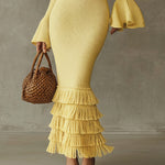 Yellow Off Shoulder Fringe Lightweight Knit Bodycon Dress