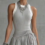 Gray Ribbed Tank Bodice Draped Midi Dress