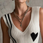 White Ribbed Knit Sleeveless Heart Pattern V-Neck Vest