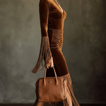 24-Hour-Shipping Brown Velvet Turtleneck Cutout Fringe Long Sleeve Bodycon Dress